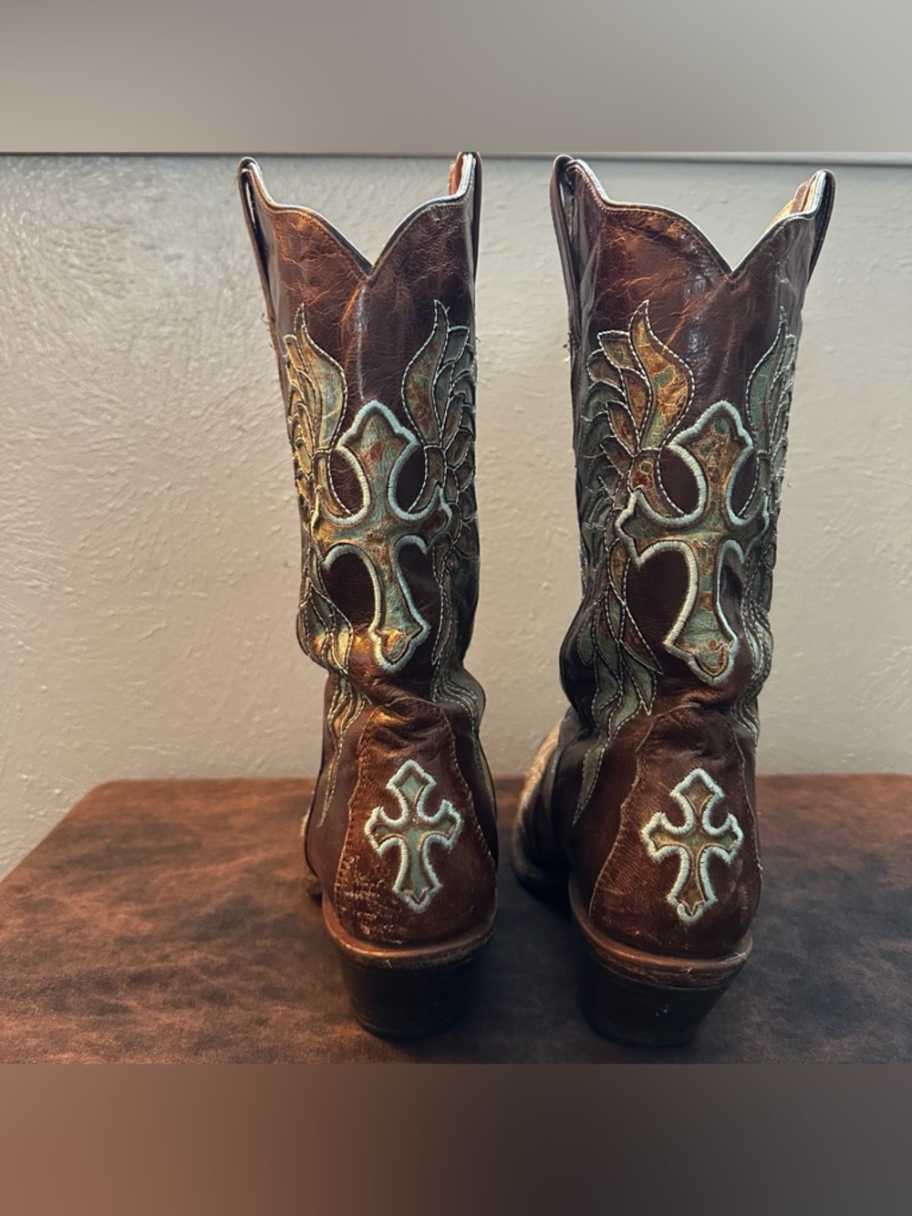 Rock N Soul Couture Embroidered Copper Leather Cowboy Boots Turquoise Accents - Picture 7 of 11